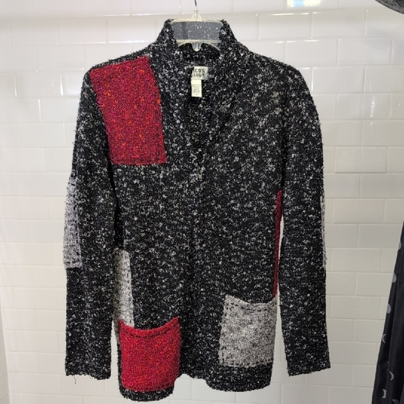 Chico's Sweaters - Chic Black and Red Patchwork Zip Up Cardigan